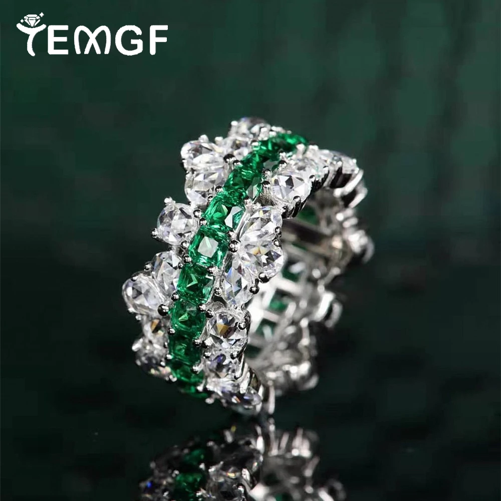 

TEMGF 925 Sterling Sliver Ring 3 Rows Synthetic Gemstone Zircon Inlay for Women Wedding Party Vintage Band Fine Jewelry Gifts