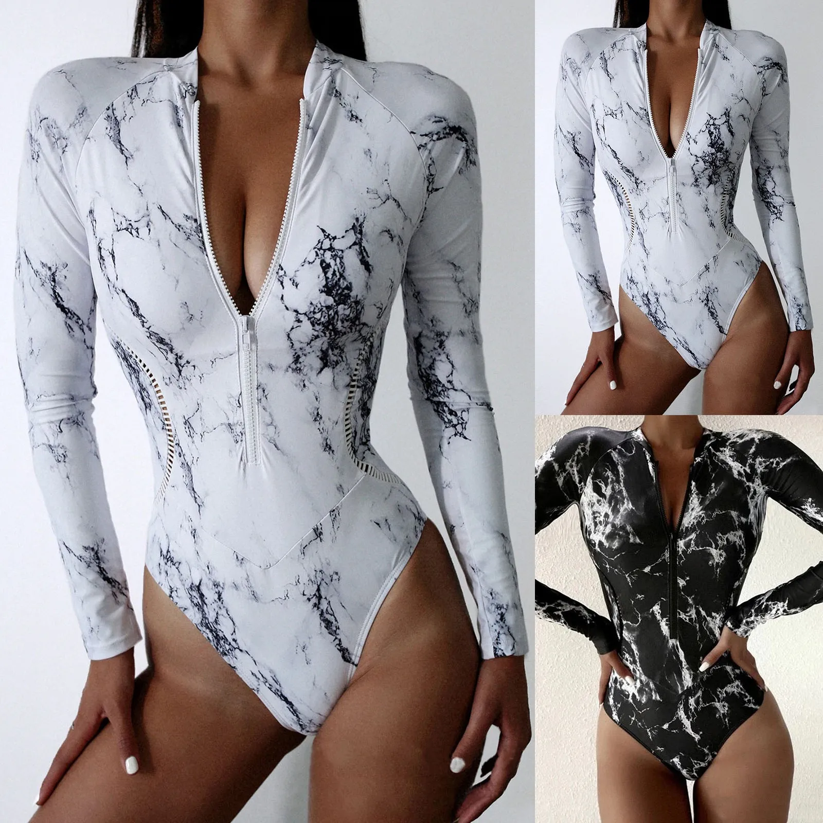 Lady Summer Print Zipper One Piece Swimsuit Closed Long Sleeve Swimwear Sports Surfing Women\'S Swimming Bathing Beach Bather