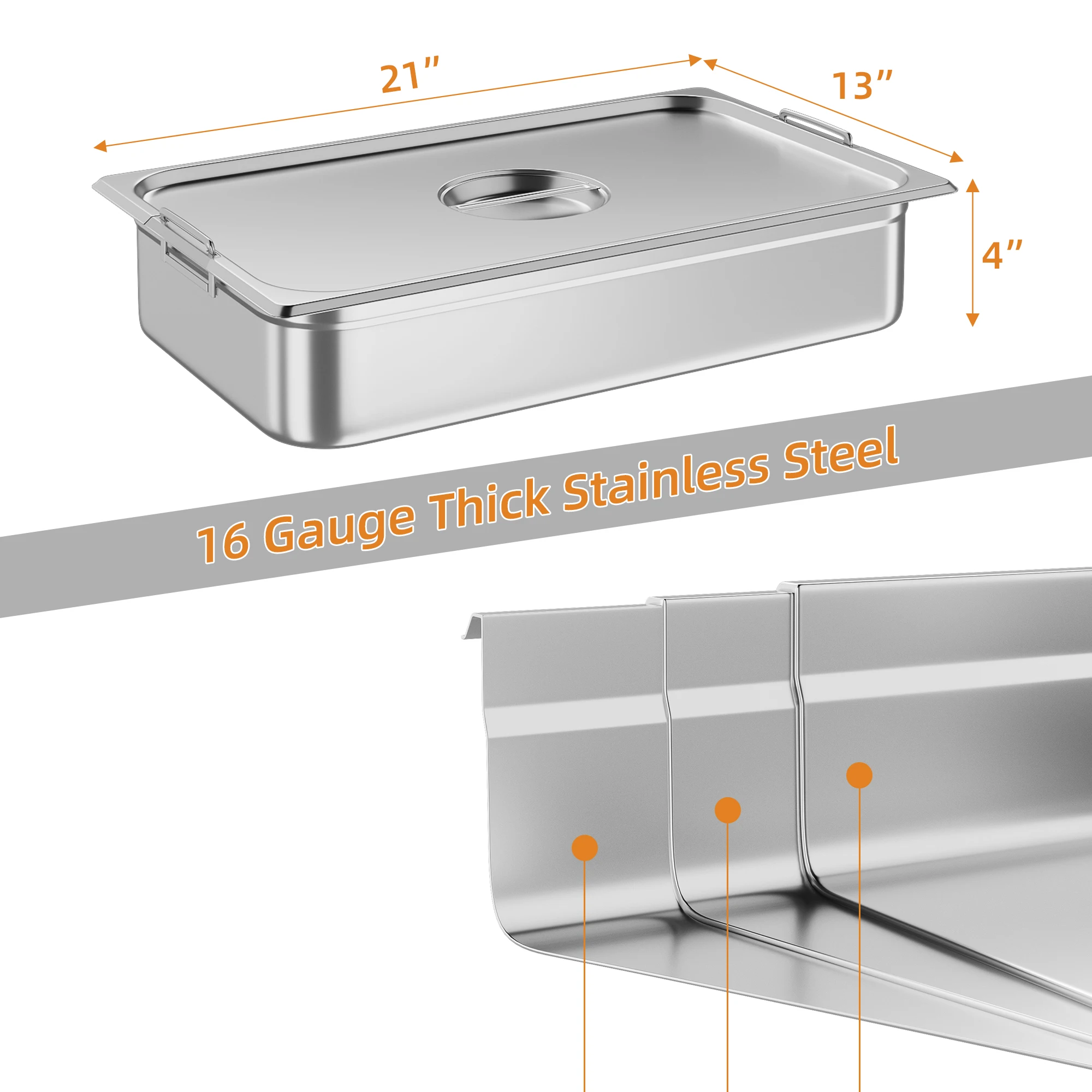 6 Pack Full Size Hotel Pan with Handles, Commercial Stainless Steel 2.5/4/6 Inch Deep Anti-Jamming Steam Table Pan with Lid