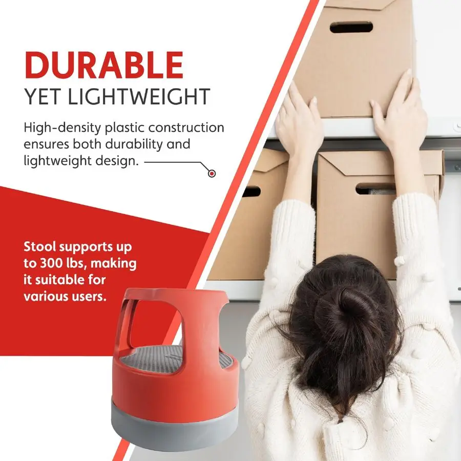 Scooter Stool, Round, 2Step, 15, Step and Lock Wheels, 300 lb Capacity, Red