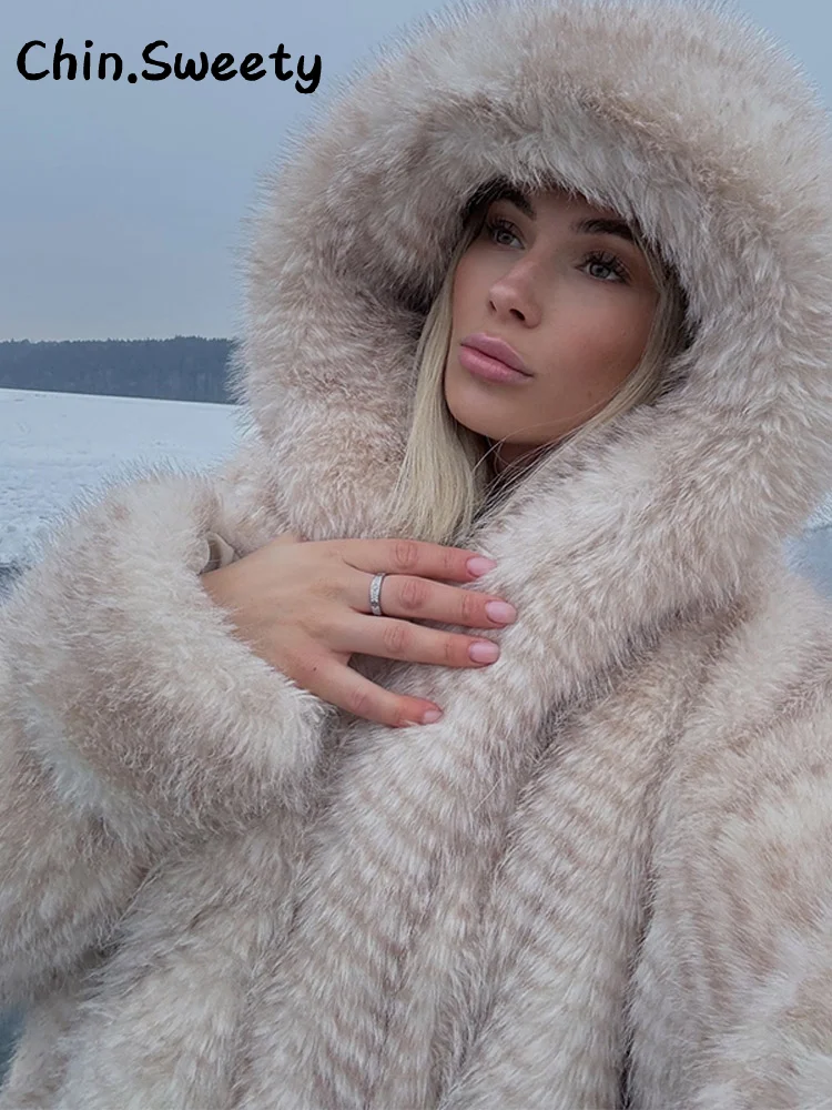 Street Hooded Faux Fur Coat Women Loose Full Sleeve Thicken Fluffy Overcoats Female 2025 Autumn Winter Lady Warm Luxury Outwear