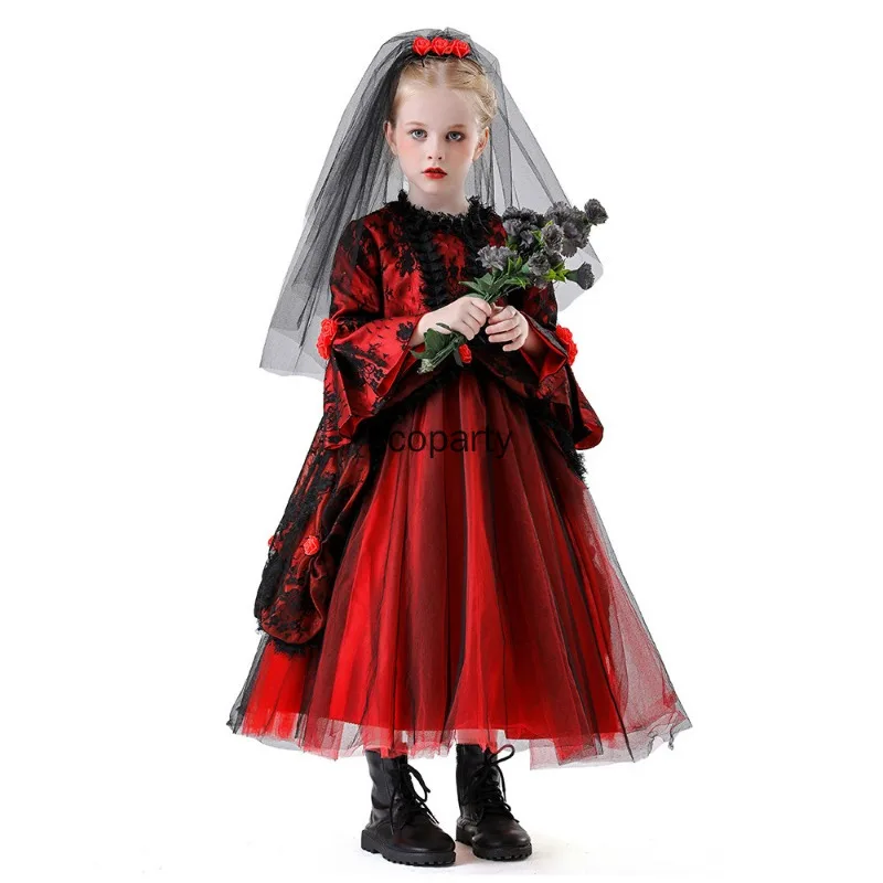 새로운 소녀 유령 신부 고딕 카트리나 의상 어린이 할로윈 뱀파이어 코스프레 중세 드레스 머리 장식 포함 어린이 파티 드레스