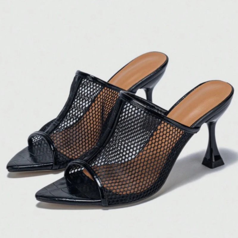 

Sexy Mesh Design Women Sandals Summer Open Toe Thin Heel Pointed Toe Slide Sandals Fashion Party 35-43 Plus Size Dress Shoes