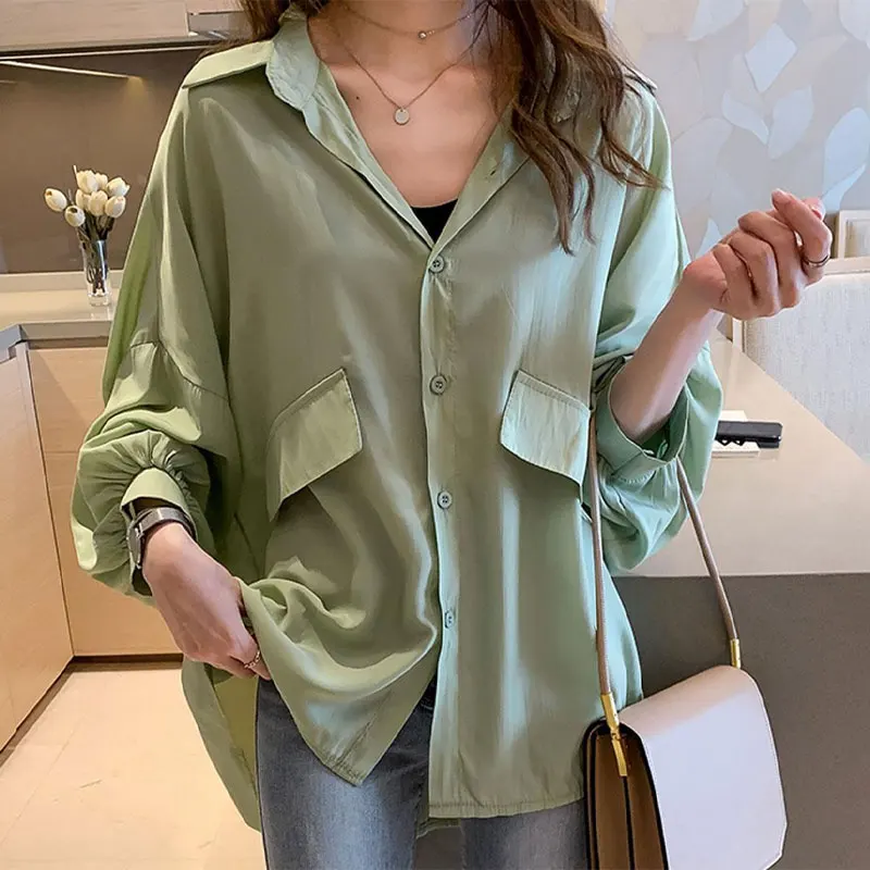 Koreanische lose einfarbige Bluse Frühling Herbst neuer Turn-Down-Kragen lässig einreihig Patchwork Frauen pendeln Midi-Shirt