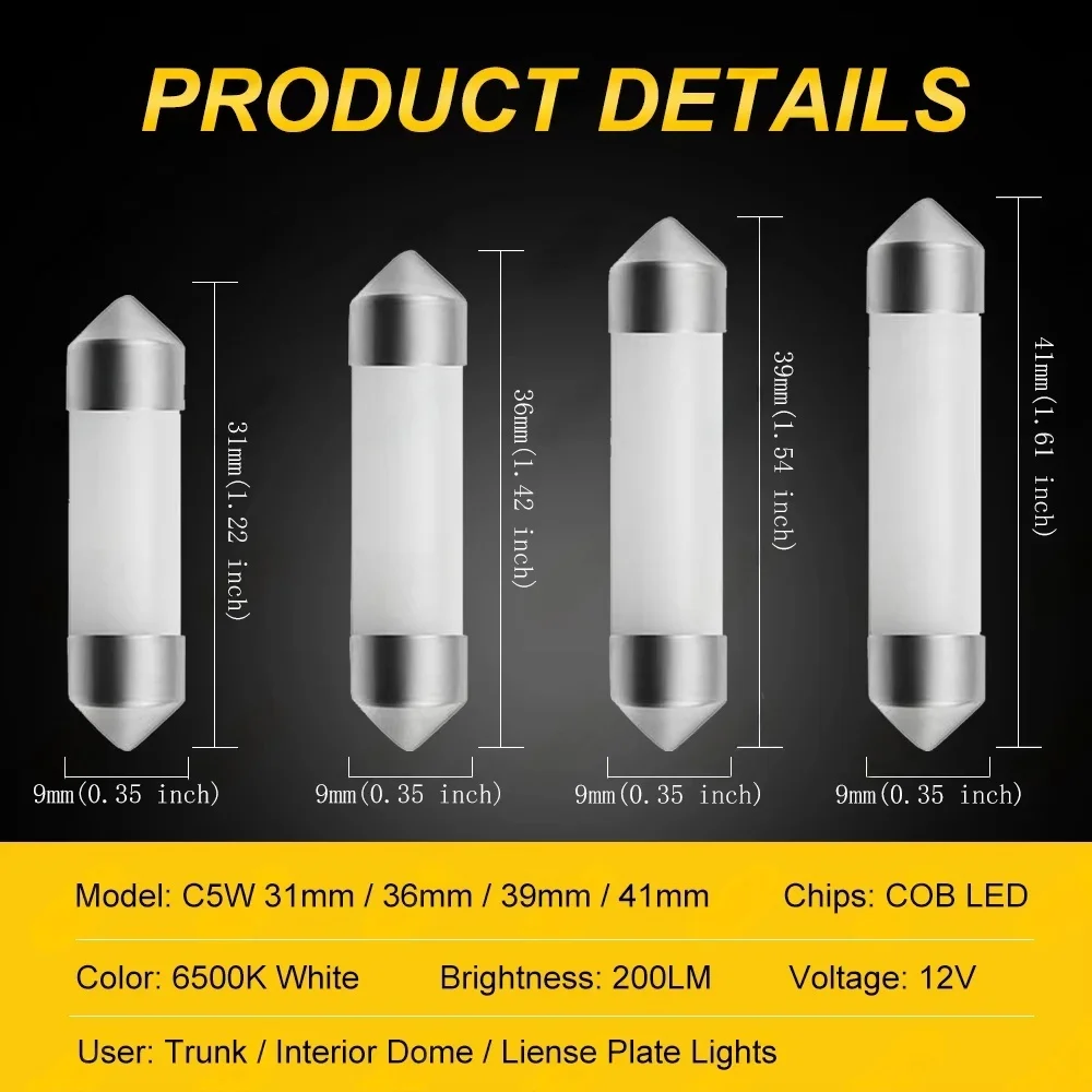 2/4/10 PCS C5W LED Bulb Festoon 31mm 36mm 39mm 41mm C10W COB 12V 6500K White Car Interior Reading Light Trunk License Plate Lamp