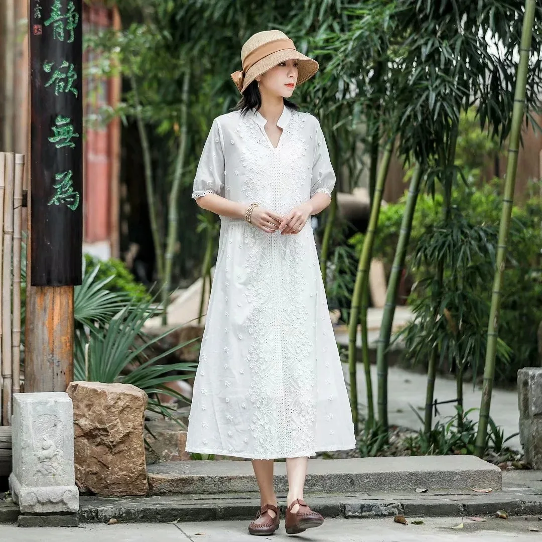 Sweet Mori Girl 3D Flowers Stitch Embroidery Cotton Midi Dress Women Summer V-Neck Short Sleeve White Long Desses