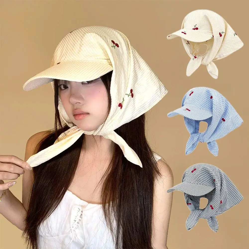 

Fashion Plaid Headscarf Baseball Cap Sweet Cherry Embroidered Sunscreen Beach Hats Korean Style Sunscreen Peaked Cap Outdoor