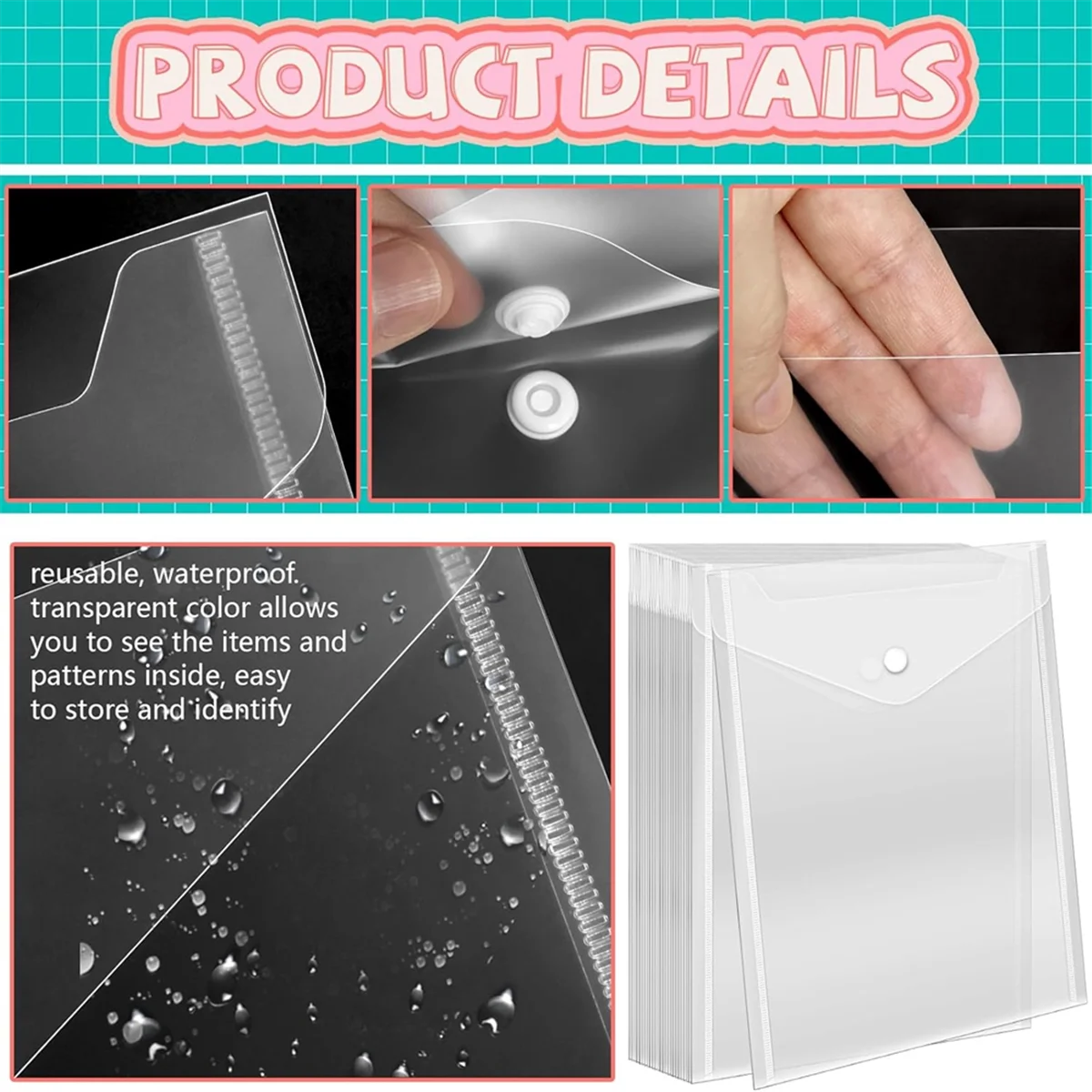 AA98 20 Pcs Small Plastic Envelopes with Snap Closure,Reusable Stamp and Die Storage Pockets, Waterproof Clear Envelope Pouch