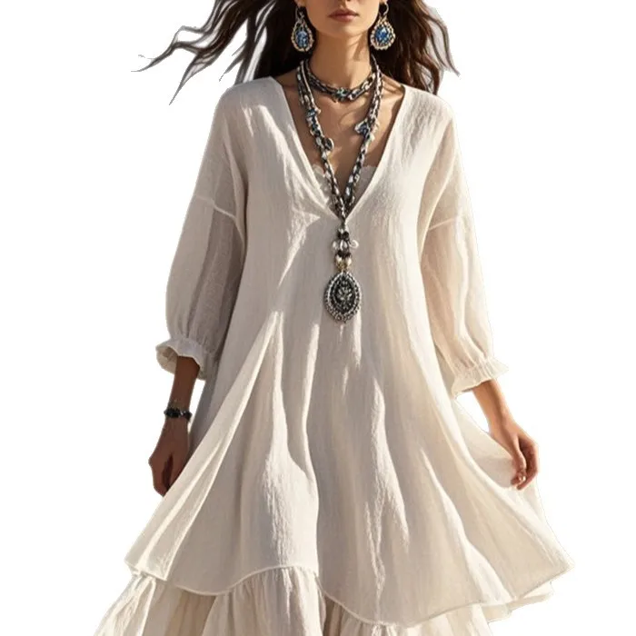 2025 mulheres elegantes vestidos de linho gengibre bohemia camadas vintage robe manga longa solto vestido longo feminino outono