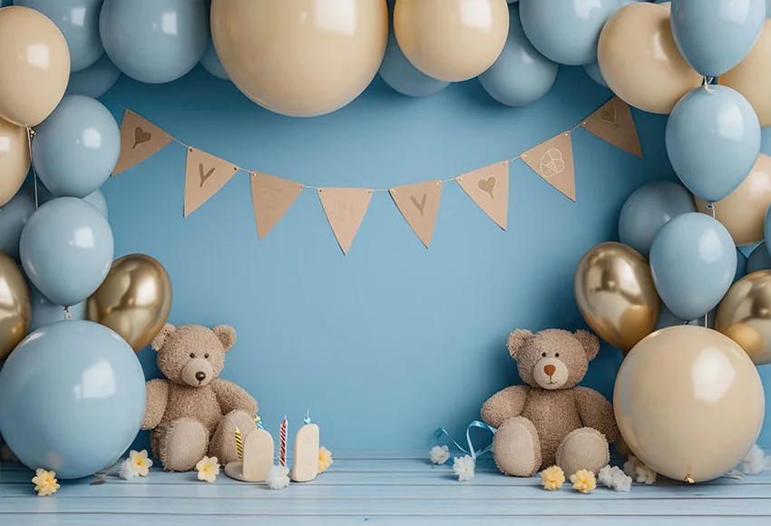 Mehofond Photography Background Baby Blue Cute Bear Balloon Kids Birthday Party Cake Smash Portrait Decor Backdrop Photo Studio