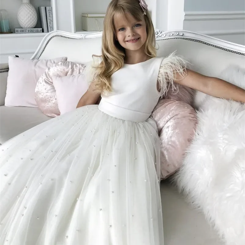 Customized White Flower Girls Dresses Sleeveless Pearls First Communion Floor Length Birthday Girls Dress for Party and Wedding