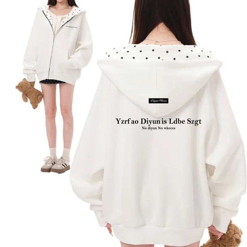 Women Loose Thin Hooded Polka Dot Sweatshirt Girls Spring Autumn White Simple Fashion Zip Up Daily Casual Outerwear Top