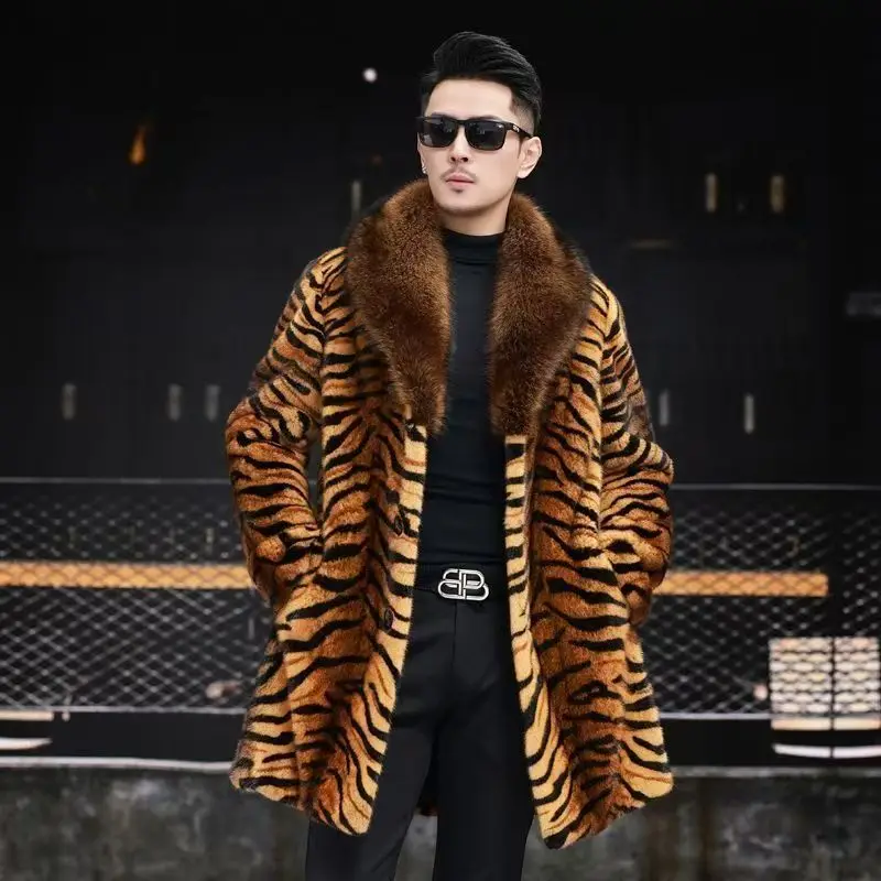 

Haining mink fur coat new winter men's coat tiger pattern thickened medium long cold resistant imitation fur