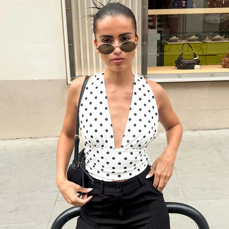 Trendix V Neck Dot Print Crop Top Women Summer Bodycon Sleeveless Lace Up Tank Tops 2026 Beach Vacation Party Backless Y2k Vest
