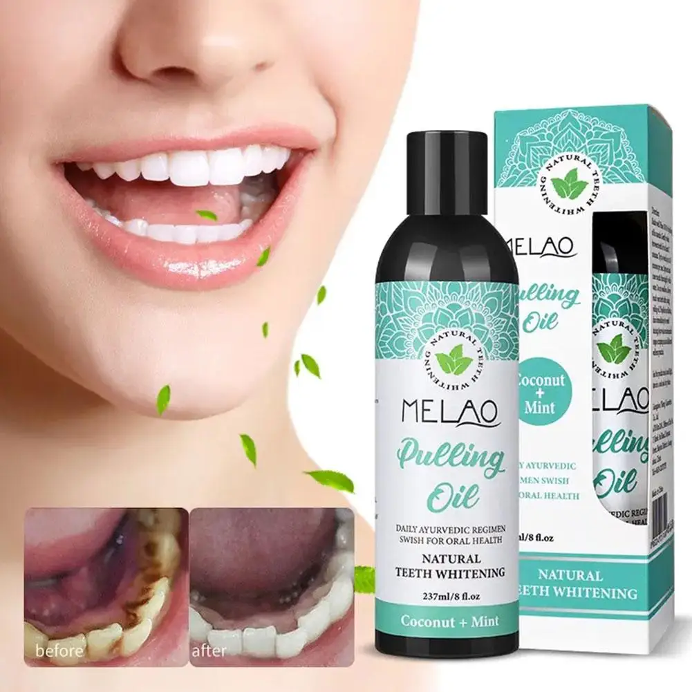 Aceite de extracción de menta de coco, 237ml, enjuague bucal sin Alcohol, blanqueamiento dental, aliento Oral fresco, juego de raspador de lengua, cuidado de la salud bucal