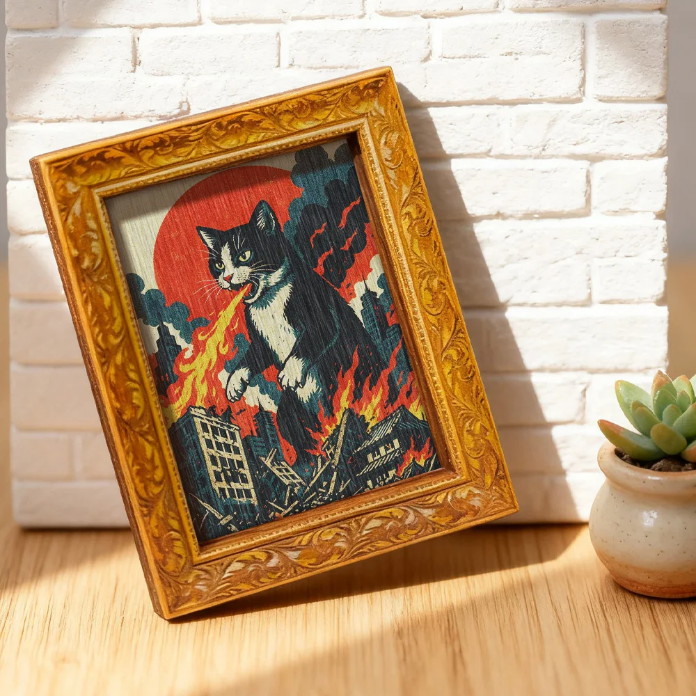 Fire-Breathing Kaiju Cat Fridge Magnet, Vintage Framed Magnetic Art for Kitchen Refrigerator & Home Decor,funny gift