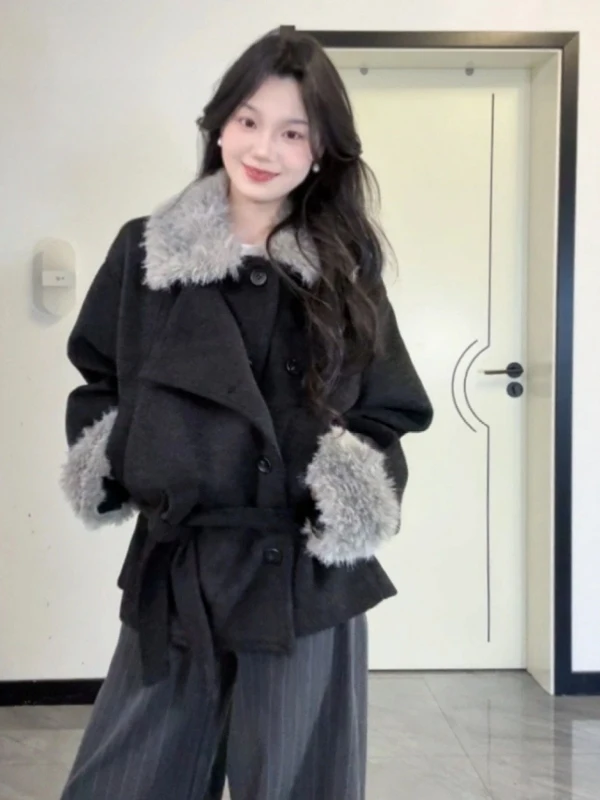 

Hebden Sle Ele Woolen Coat with Belt Turn-down Collar Long Sve Women's Faion Outerwear for Autumn Winter Season