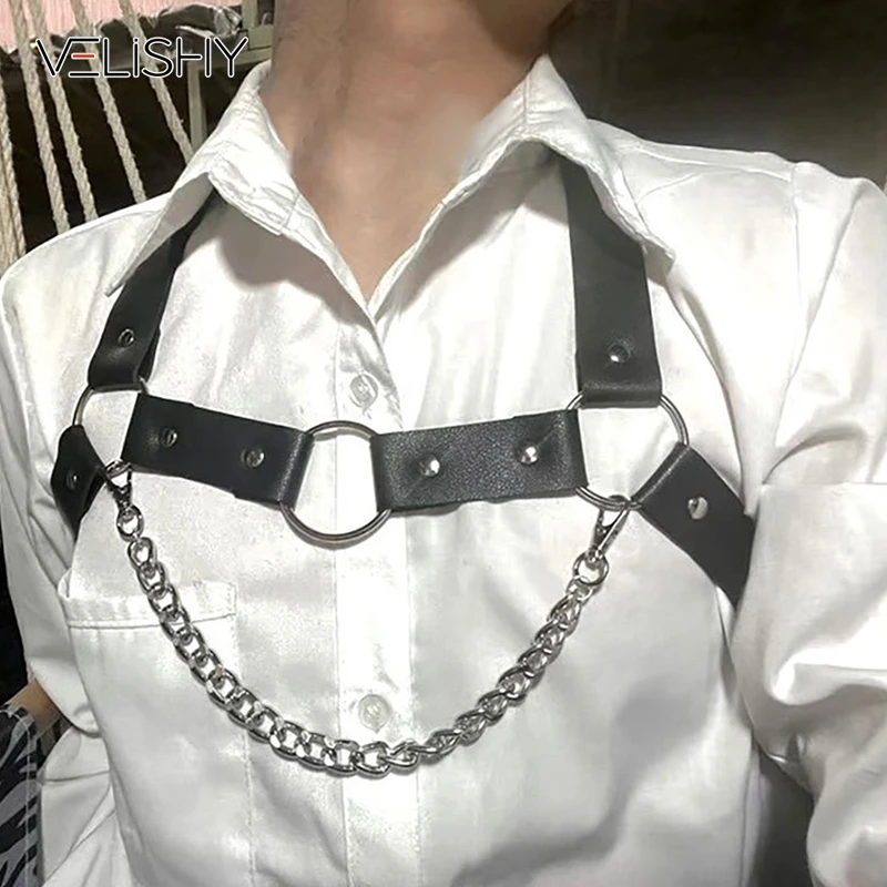 Trendy Men\'s Leather Harness Straps Chest Straps Men\'s Pu Leather Costume Belt Adjustable Body Corset Straps Shoulder