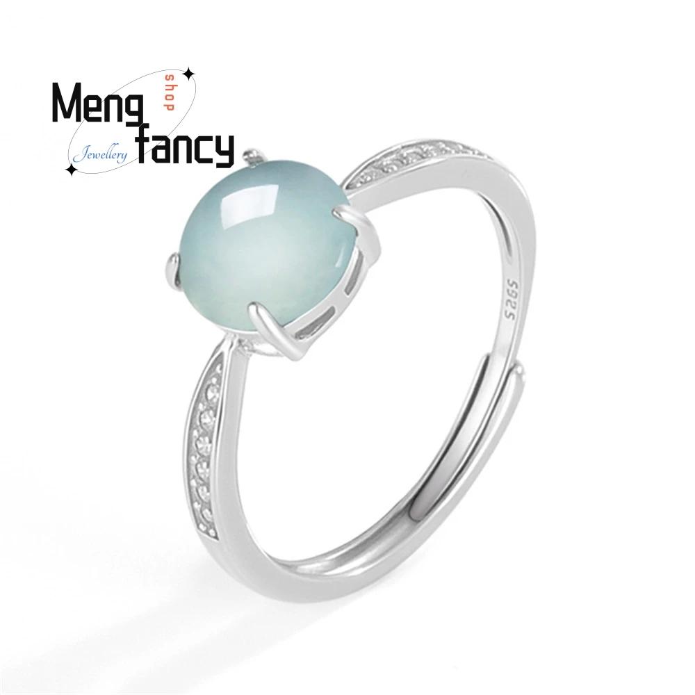 

S925 Silver Inlaid Natural A-Grade Jadeite Blue Water Ring Ice Jade Fashionable Ring for Women Adjustable Fashion Jewelry