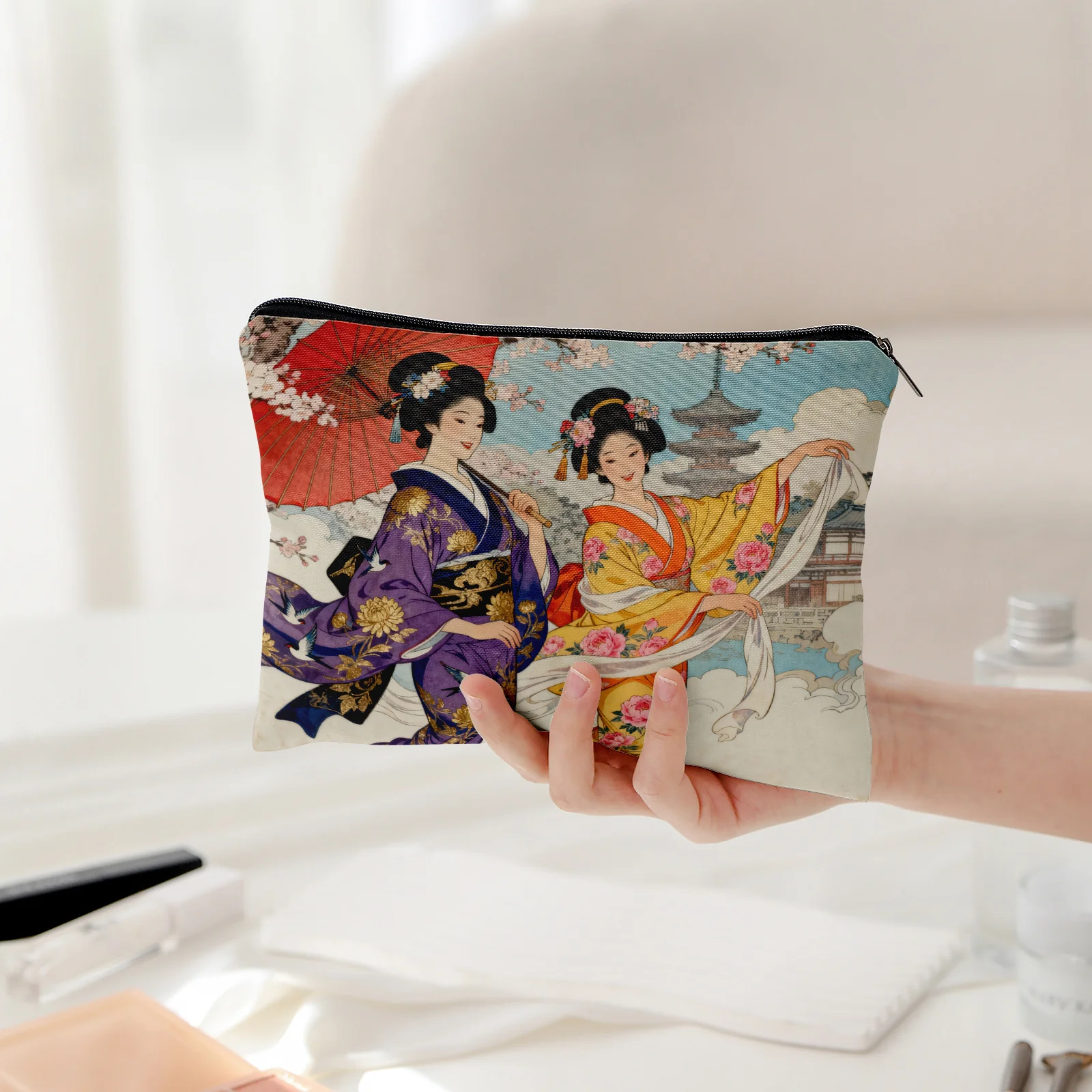 Traditional Japanese Ukiyo E Style Storage Bag Double Sided Prints of Geishas Cherry Blossoms Kimono Suitable Travel Toiletries