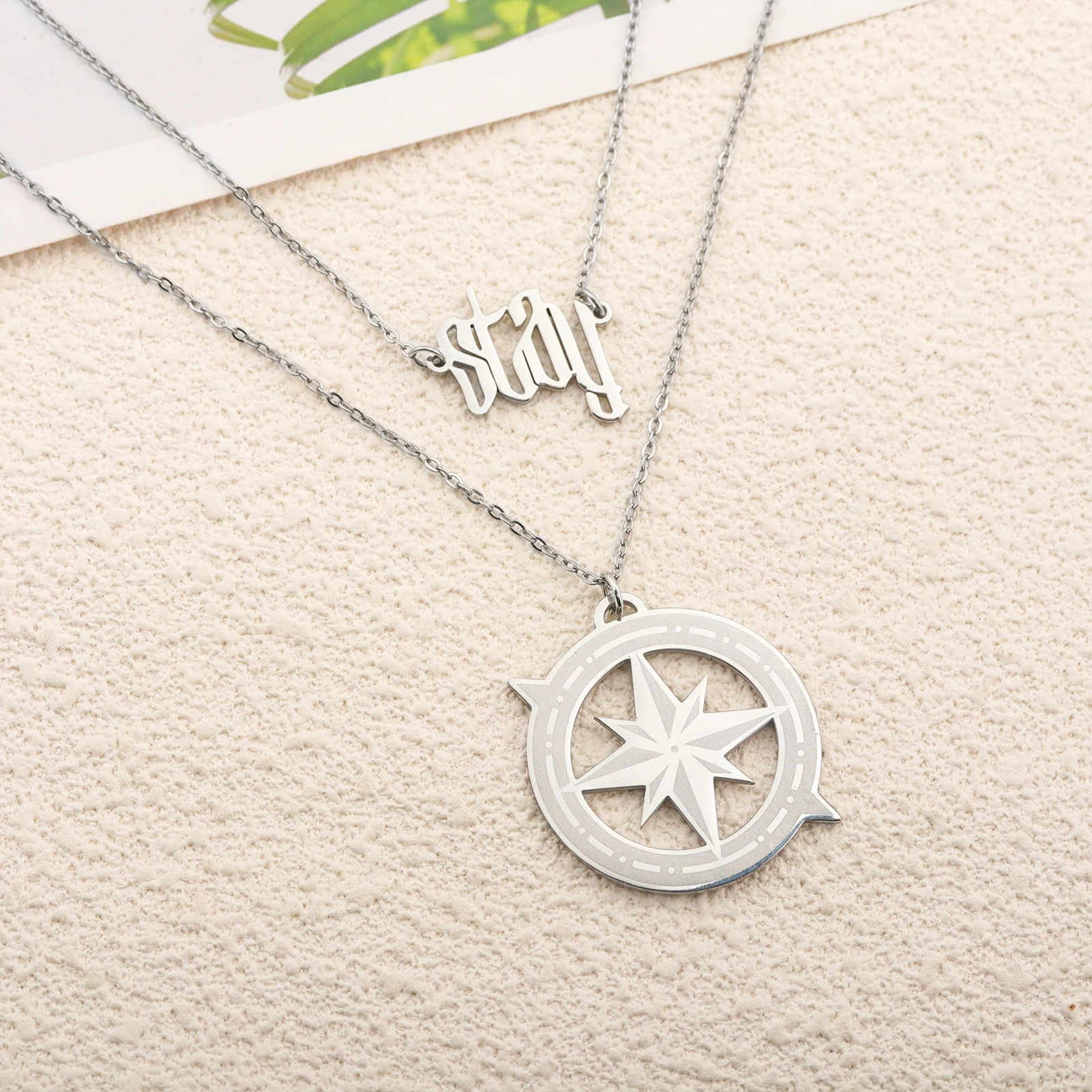 Stainless Steel Necklace Compass Pendant Star Charm Stay Letter Gothic Kpop Style Gift For Fans Unisex Jewelry