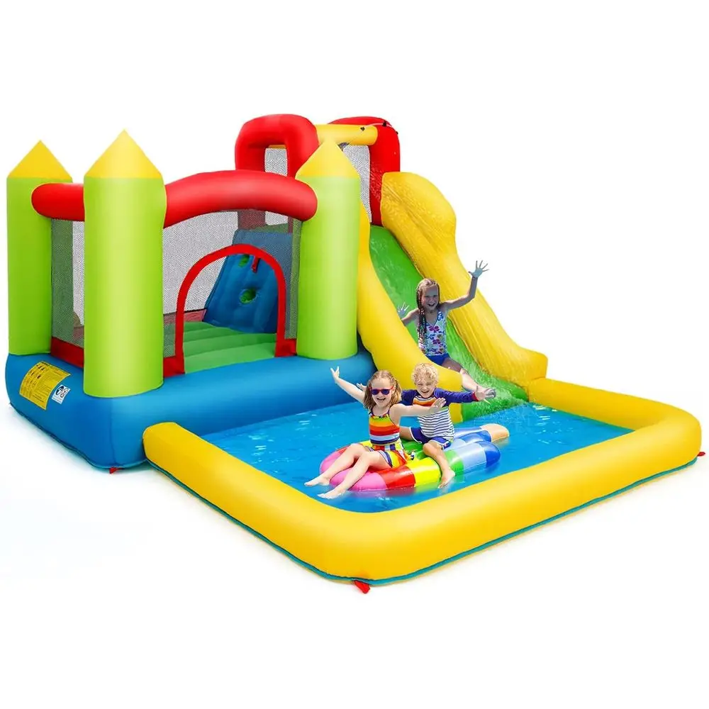 منزلق مائي Iatable، حديقة مائية عملاقة للمنزل المائي مع جدار التسلق والشرائح، حمام سباحة رذاذ، مياه نفخ خارجية