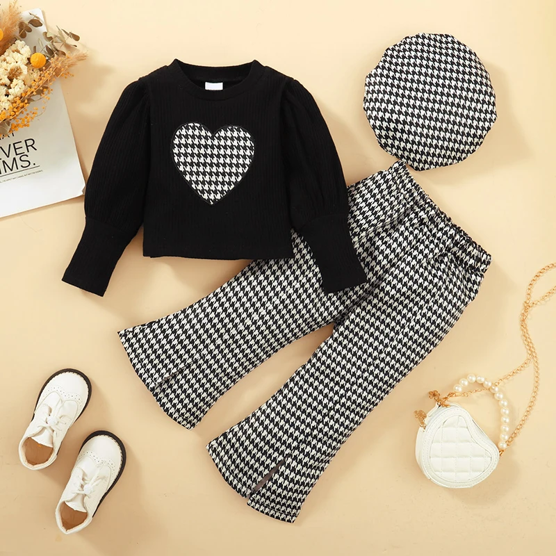 Korean Trendy Girls Clothes Set 0-5Y Checkered Heart Long Sleeve Tops+Pants+Beret 3Pcs Baby Children's Outfit Kid's Bell-bottoms