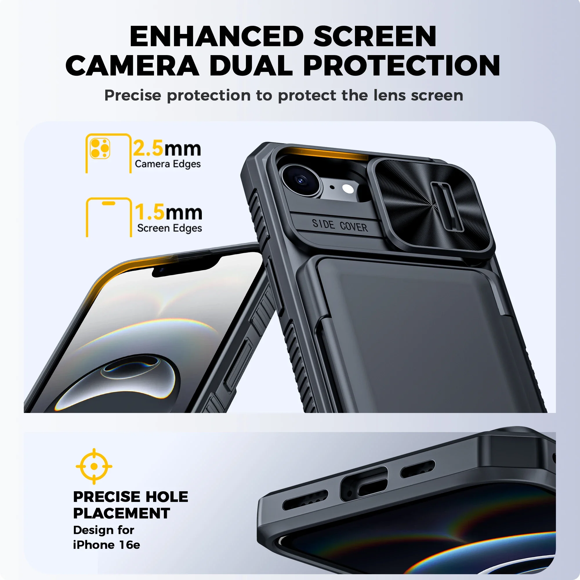 هدايا الهالوين، حامل بطاقات محفظة RFID، غطاء كاميرا، جراب هاتف واقٍ متين مقاوم للصدمات لهاتف iPhone 16 E-Black