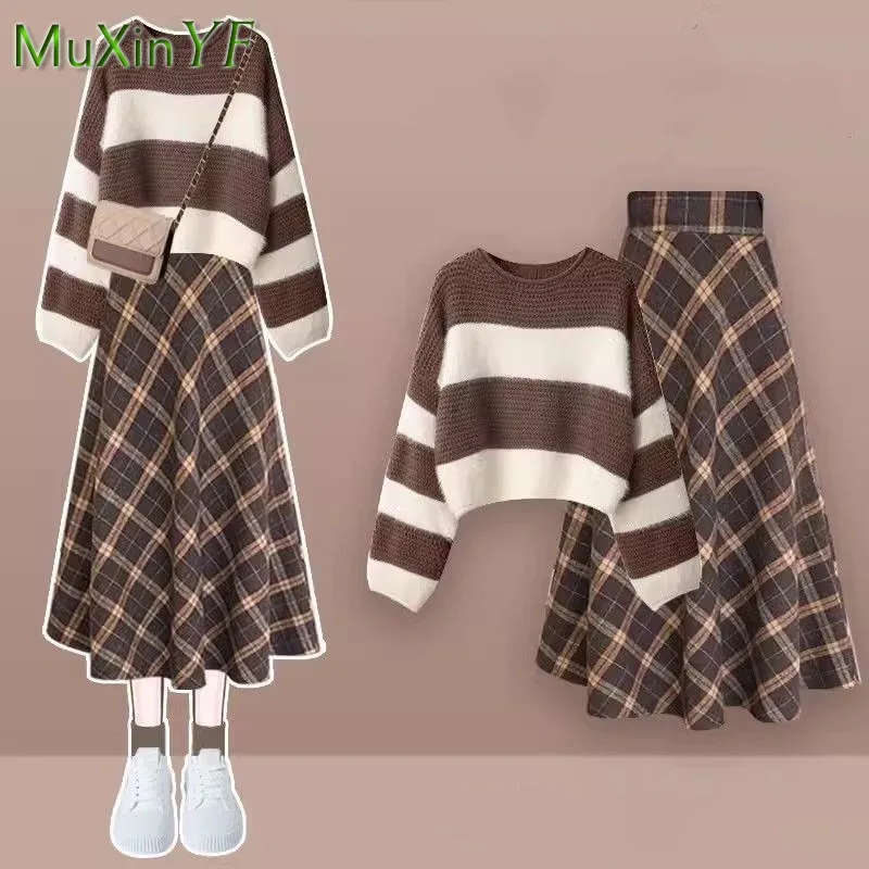 

Women Autumn Winter New Vintage Striped Knit Sweater+High Waist Plaid Skirt 2-piece Suit 2025 Korean Elegant Dress Matching Set