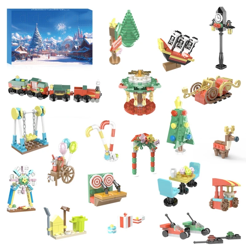 

MOC 24 Small Pieces Amusement Park Model Building Blocks Countdown Calendar Blind Box Train Pirate Ship Brick Toy Christmas Gift