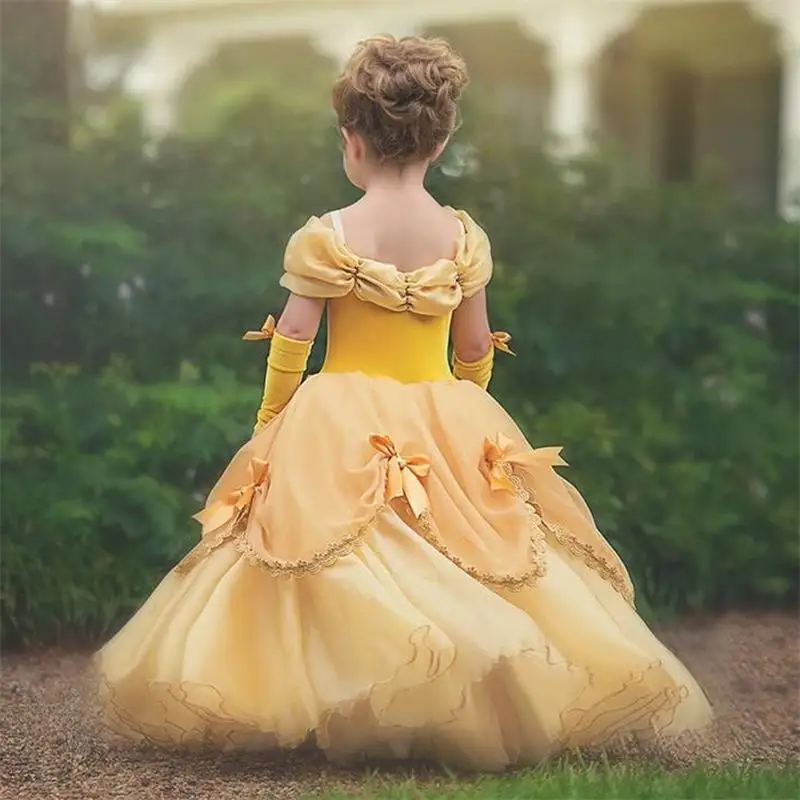 Princess Dress Kids Cosplay Costumes for Girls Disguise Costumes Yellow Fancy Elegant Gown Fairy Beauty Halloween Party Vestidos