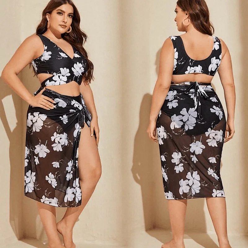 3-piece swimsuit with digital print high waist low cut skirt plus size swimsuit bikini