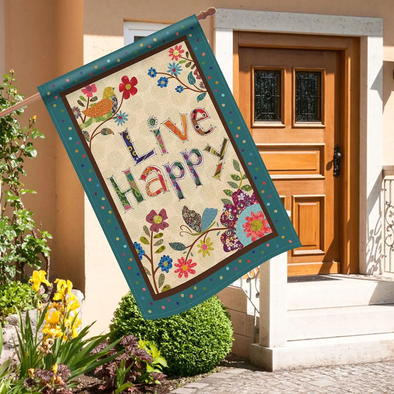 Hzppyz Live Happy Decorative Large House Flag Flower Bird, Spring Summer Inspirational Quote Garden Yard Outdoor Butterfly D SSL