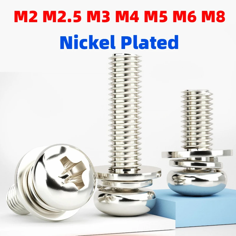 M2~M8 Carbon Steel Nickel Plated Round Head Phillips Pan Head Screws with Flat Washers Spring Washers Assembly Bolts