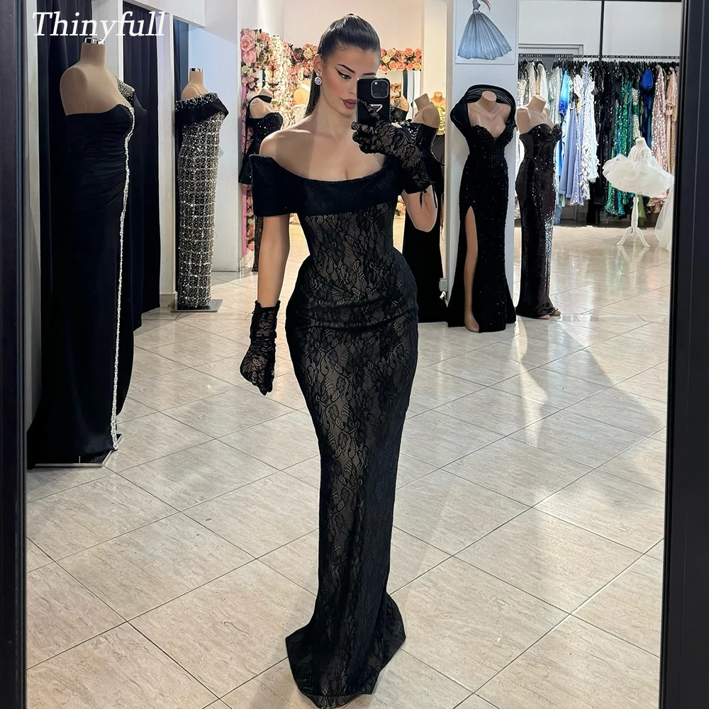 

Thinyfull Black Lace Evening Party Dress Mermaid Off Shoulder Prom Dresses Long Formal Occasion Gowns without Gloves Customized