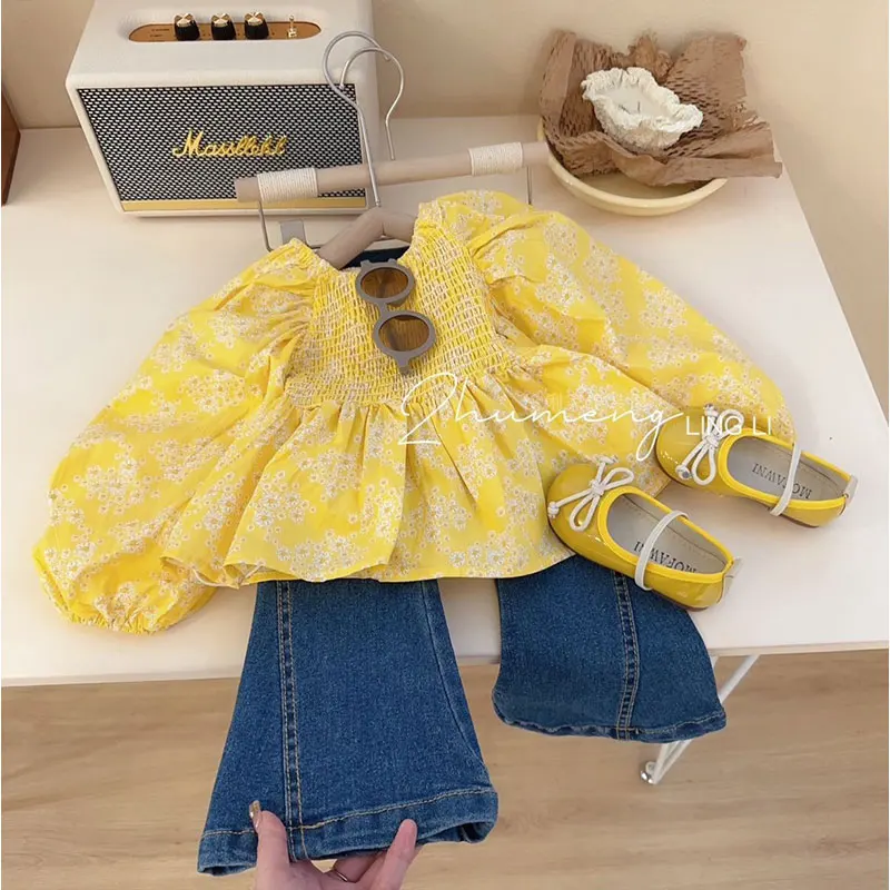 Spring Kids Sets Girl Bubble Sleeve Yellow Floral Shirt Top+Jeans 2 Peices Children Denim Trousers