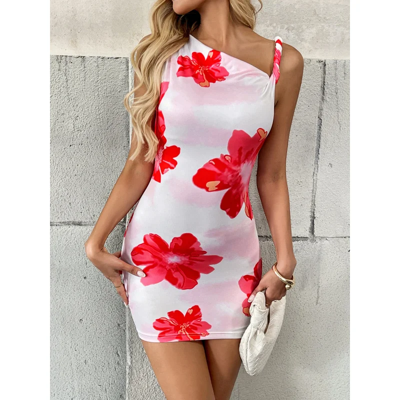 

2025Women's Sexy Socialite Style Printed Dress Summer Asymmetric Neck Design Bodycon Short Dress
