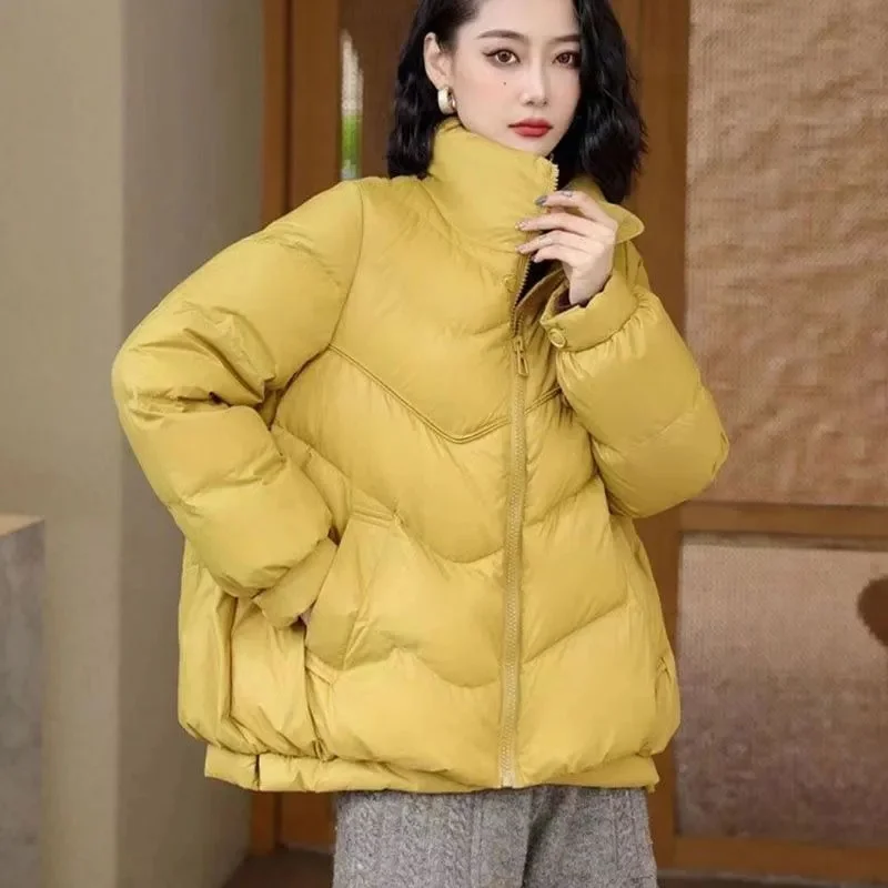 Winter Female Two Buttons Cotton Padded Coat 2024 Ladies Stand Collar Parkas Outwear Korean Women Long Sleeves Puffer Top Jacket