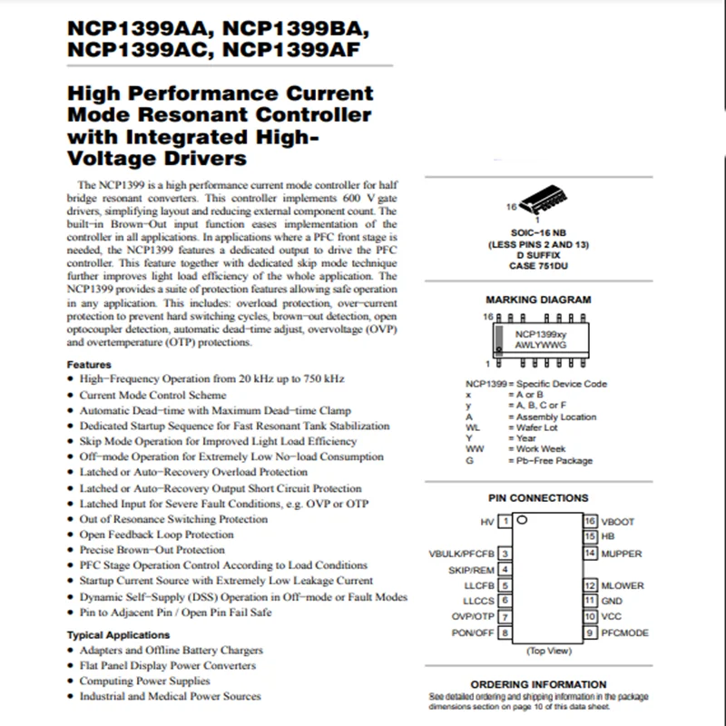 (5PCS) 100% New NCP1399AC NCP1399 NCP1399AA NCP1399AADR2G  NCP1399ACDR SOP14   High Performance Current Mode Resonant Controller