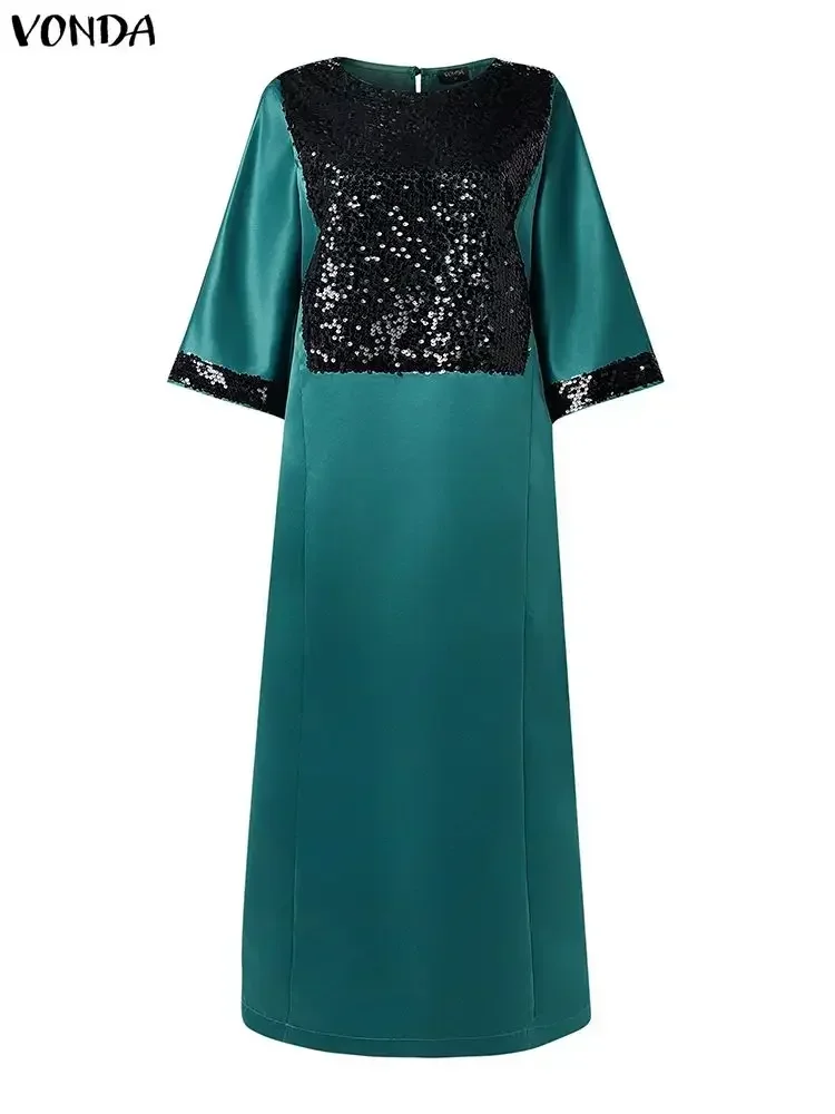 Mulheres plus size vestido vonda boêmio festa vestidos longos lantejoulas emenda maxi vestidos senhoras moda 3/4 manga cetim robe 5xl