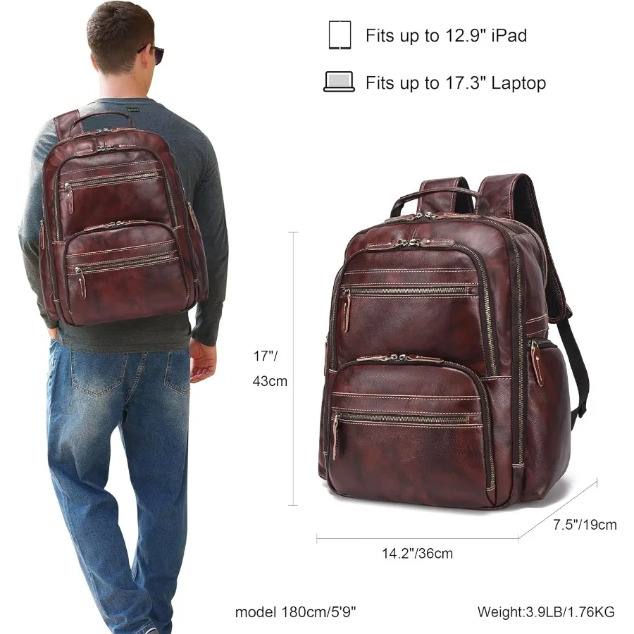 حقيبة ظهر كلاسيكية من الجلد المحبب بالكامل للرجال مقاس 17.3 بوصة حقيبة كمبيوتر محمول كاجوال حقيبة كتف طوال الليل للأعمال/المشي لمسافات طويلة/السفر