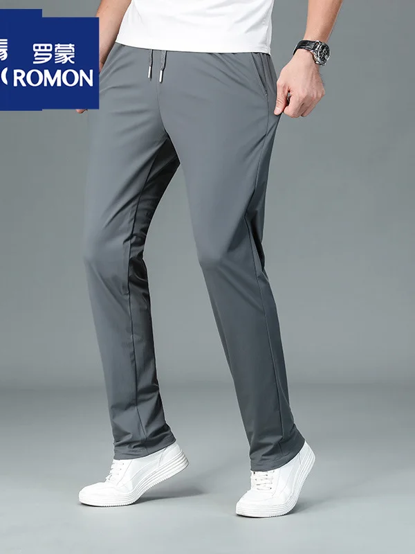 

Lormen Ice Silk Men's Casual Pants Elastic Waist Straight Leg Nine-Tenths Thin Summer Busin Casual Trousers Cool Feeling