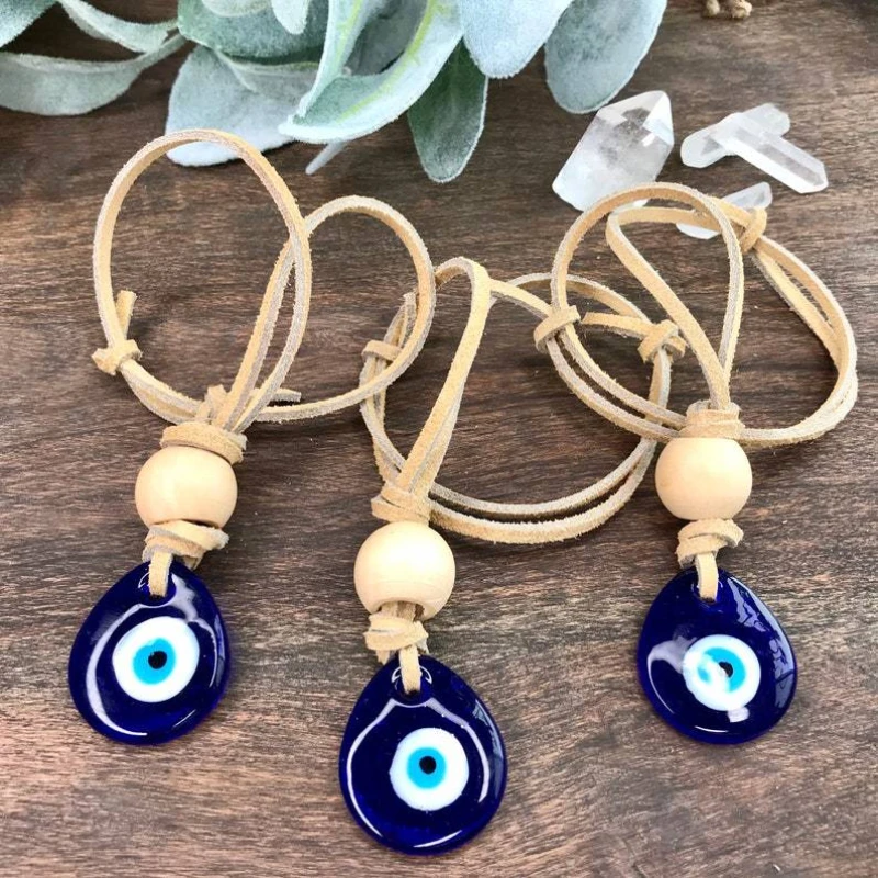 Handmade Turkish Evil Eye Car Hanging Decoration with Blue Eye Wood Beads and Leather Cord for Home Decor Room Wall Decoration