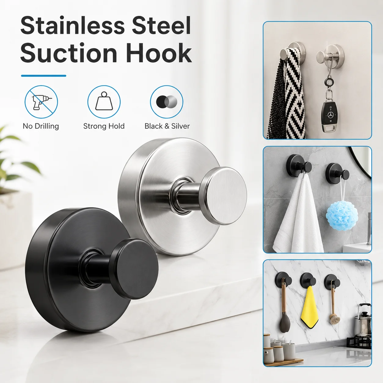 1/2/4PCS Premium Stainless Steel Suction Cup Hooks No Drill Wall Hanger Waterproof Vacuum Hook For Shower Bathroom Kitchen Towel