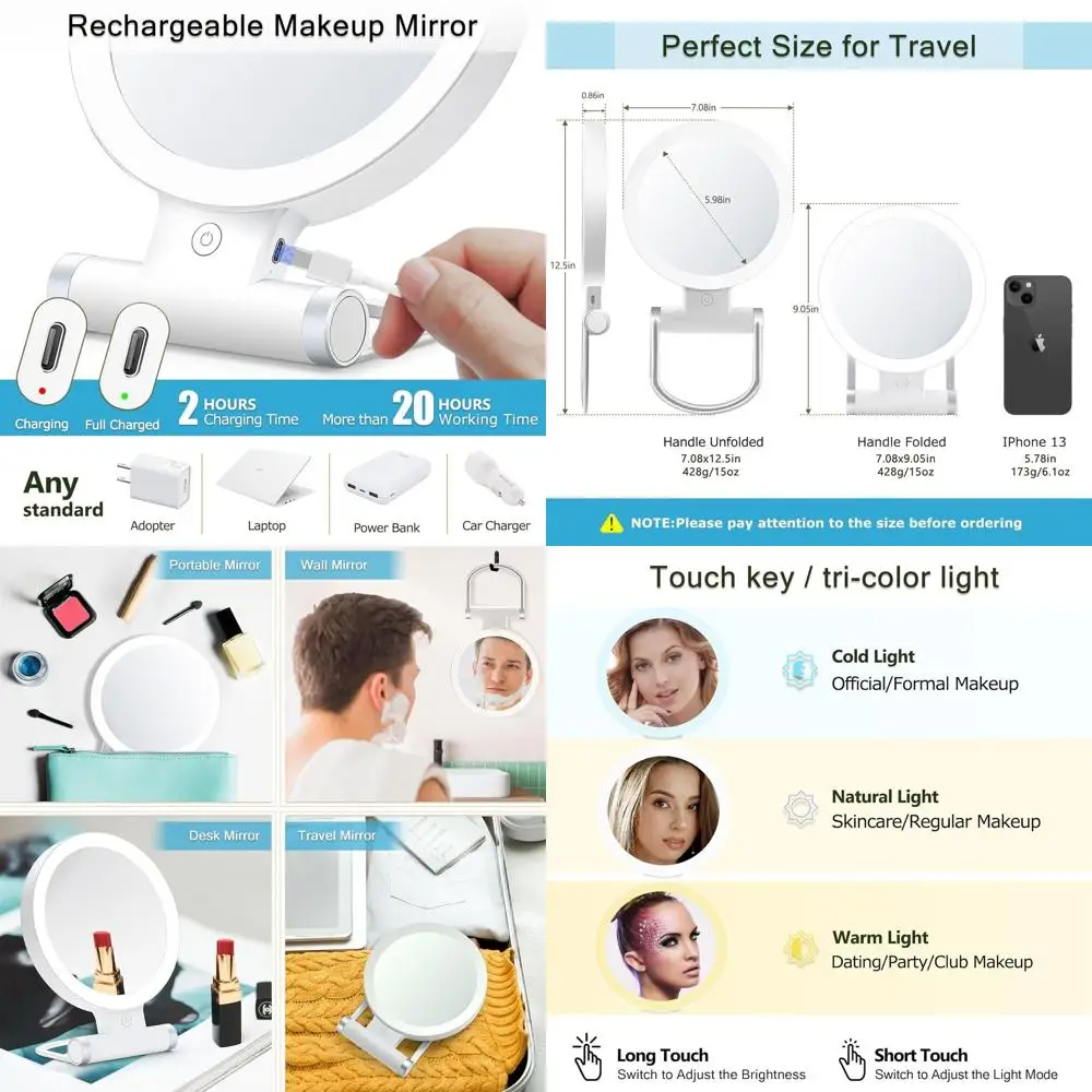 Miroir de maquillage portable éclairé par LED double face avec grossissement 1X/20X pour le toilettage en déplacement