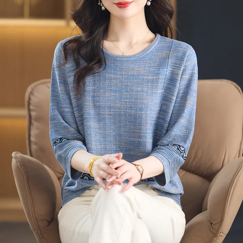 Women Heather Textured Knit Top Round Neck Ethnic Spliced Cuff Loose Long Sleeve Pullover