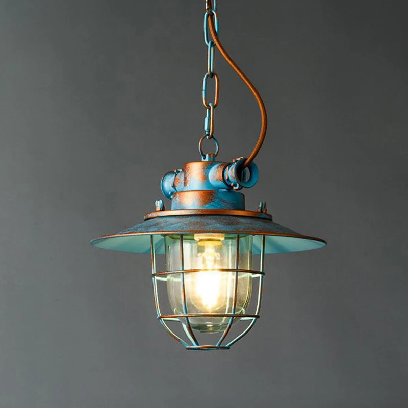 Vintage Glass Chandelier Loft American Waterproof Pendant Lamp Chain Metal Cage Retro Industrial Kitchen Droplight view 3
