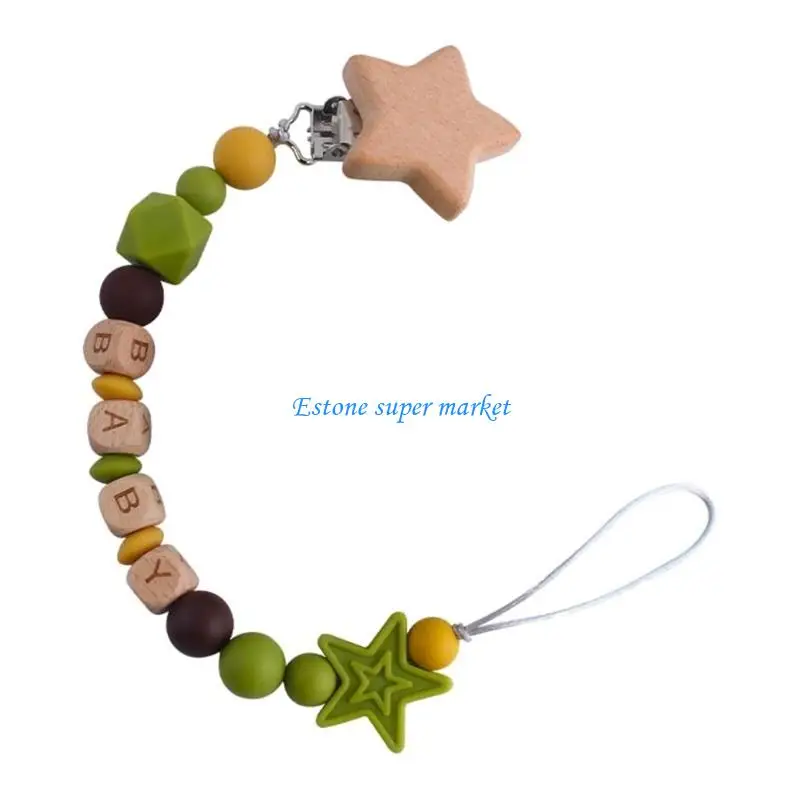 090B Wooden Teething Bracelet Silicone Bead Pacifier Clip for Baby Girl Boy Soother