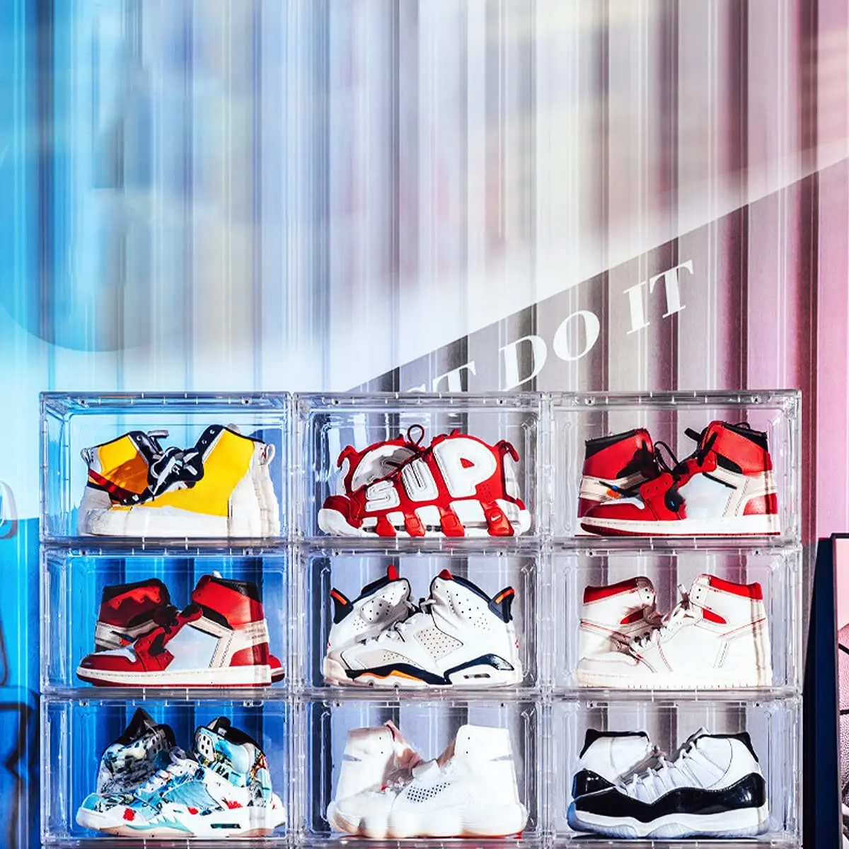 Transparent Shoe Box, 9 Pieces Stackable Plastic Sneaker Box, Magnetic Side Opening Shoe Box, Full Clear Display Sneakers/Toys