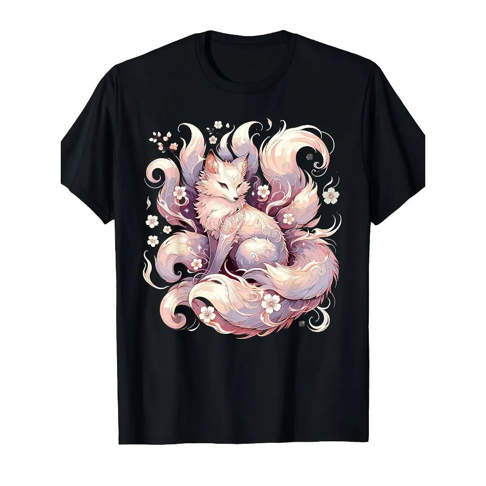 Elegant Kitsune, Nine-tailed Fox, Kyubi Cherry Blossom Art T-Shirt[Cool Design] Street Trending Style Women's Tee Comfortable Cotton Round Neck Shorts Same Gender Design and Sleeves Men's T Shirts